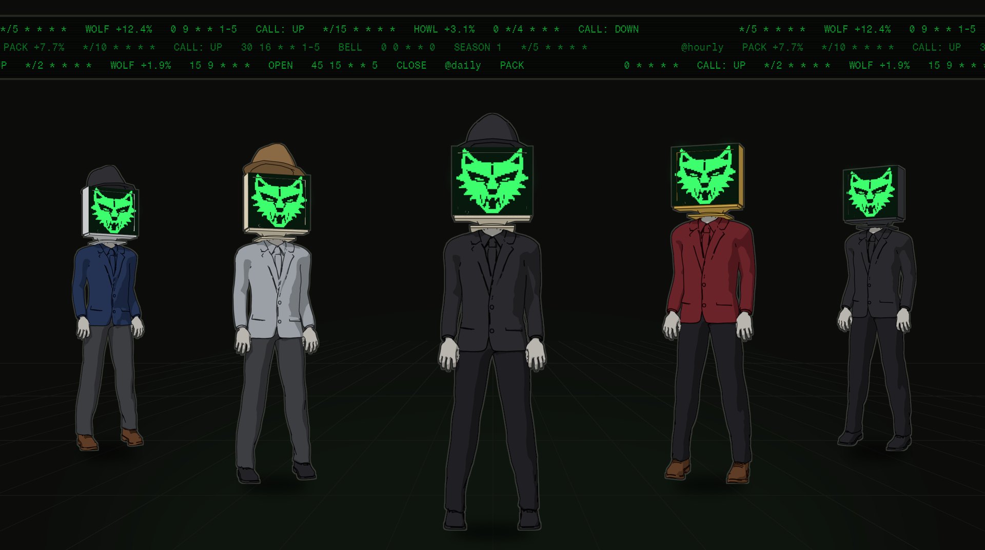 Five daemons in suit jackets, three in fedoras, stand in a V under a ticker board of cron schedules. Each has a CRT monitor for a head, and every screen shows a green pixel wolf.