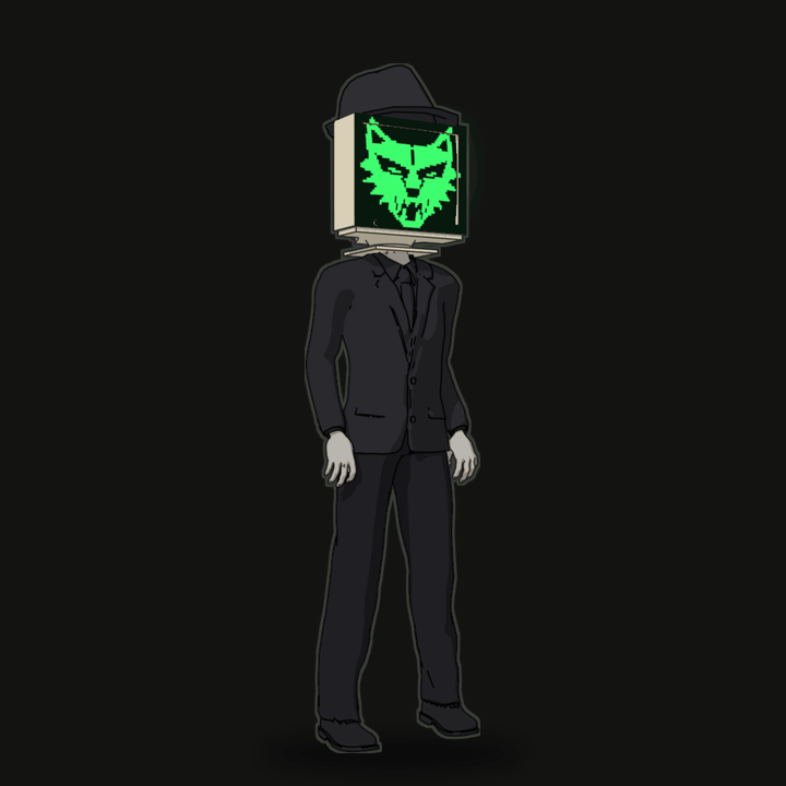 A daemon in a black suit and fedora turns a full circle. Its CRT screen shows a green pixel wolf.
